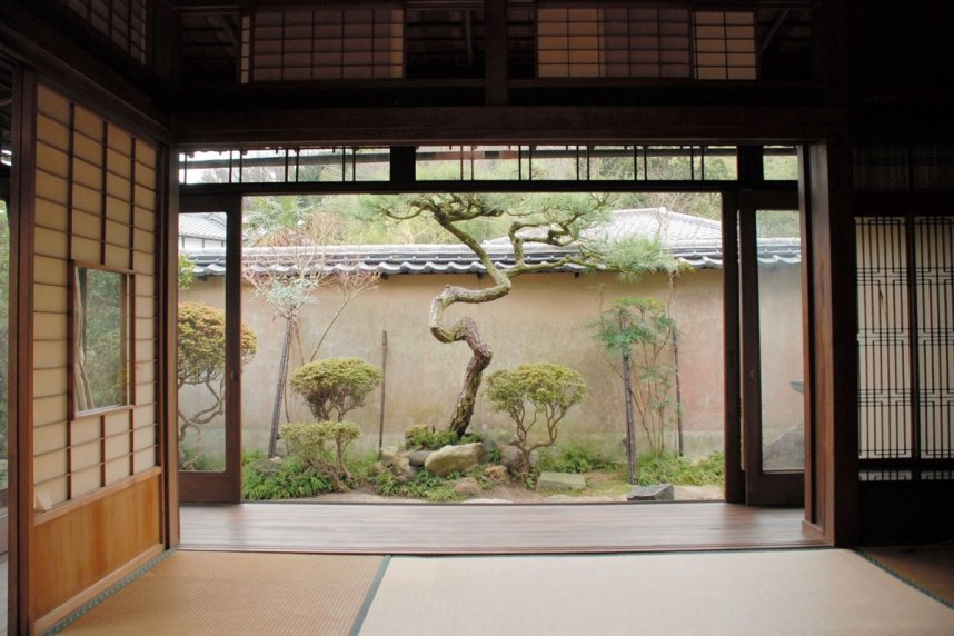 室内は日本家屋なのに開放感たっぷり。庭の松の木は写真映えする立ち姿＝丸亀市本島町、吉田邸