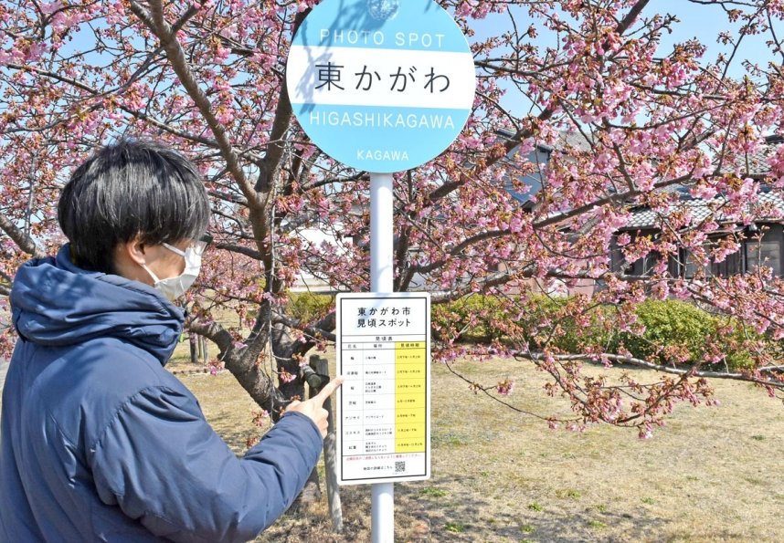 市内で楽しめる季節の花の見頃を紹介する看板＝香川県東かがわ市白鳥