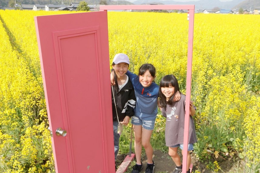 一面に広がる菜の花畑を楽しむ子どもたち＝香川県仲多度郡まんのう町帆山