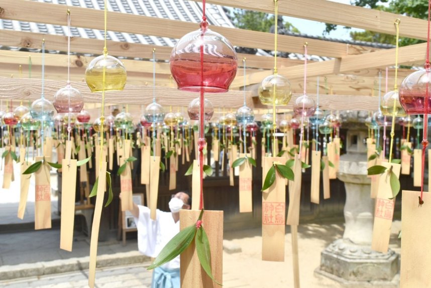 優しい音色を響かせ、涼を届けている風鈴＝香川県東かがわ市松原、白鳥神社