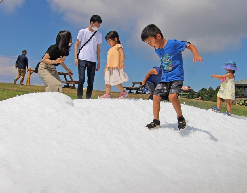 真夏にお目見えした雪の上ではしゃぐ子どもら＝香川県観音寺市大野原町、雲辺寺山頂公園