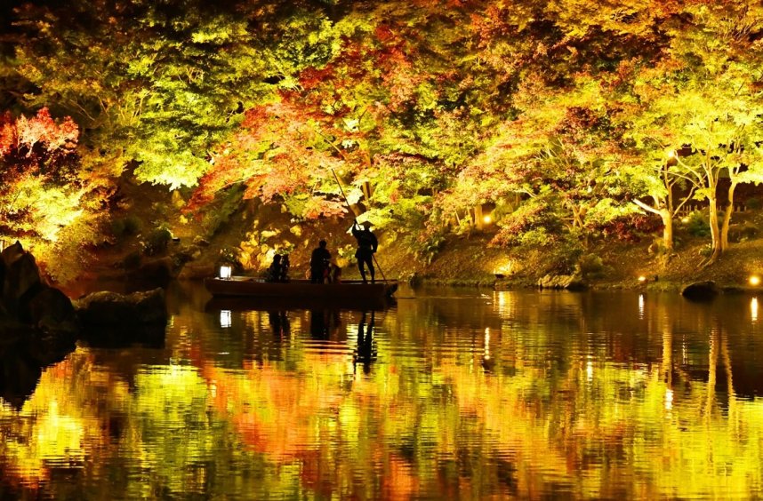 試験点灯でライトアップされた栗林公園の紅葉＝１５日、香川県高松市栗林町