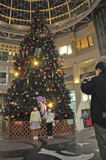 クリスマスツリーをバックに記念写真を撮る親子連れ＝高松市、高松丸亀町壱番街ドーム広場