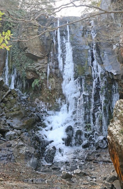 厳しい冷え込みで氷結した「銚子の滝」＝土庄町肥土山