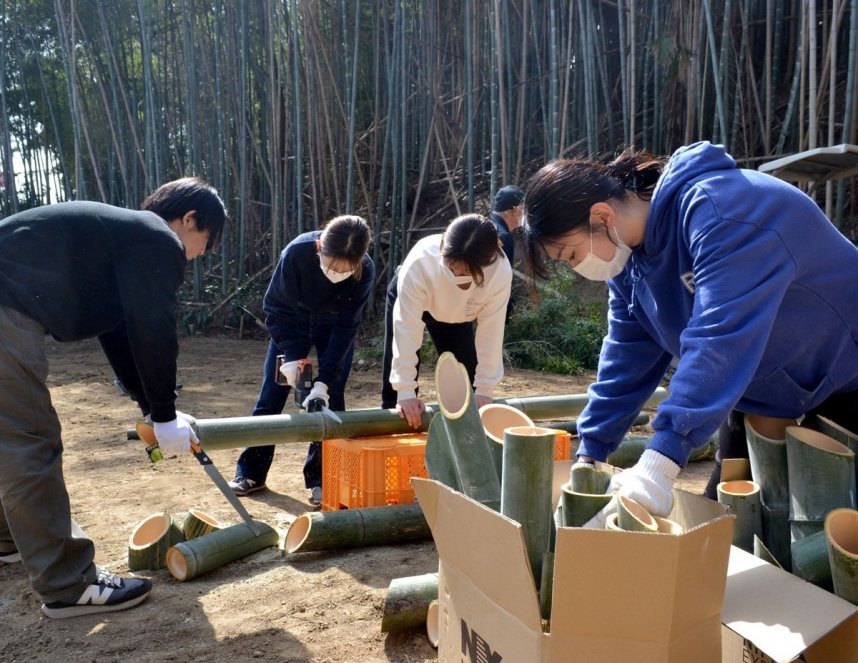 伐採した竹を明かりの長さに切りそろえる学生ら＝香川県仲多度郡多度津町本通