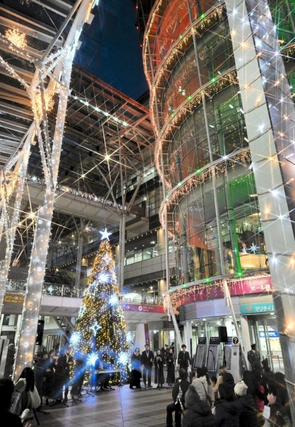 クリスマスツリーやシンボルタワー周辺を彩るイルミネーション＝高松市サンポート