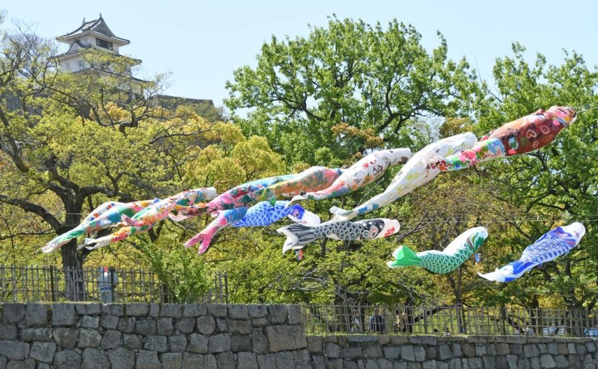 丸亀城の堀の上を悠々と泳ぐこいのぼり＝香川県丸亀市一番丁