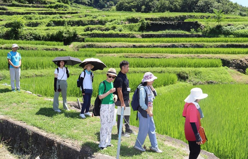 ガイドの案内で中山千枚田を見て回るモニターツアーの参加者＝小豆島町中山