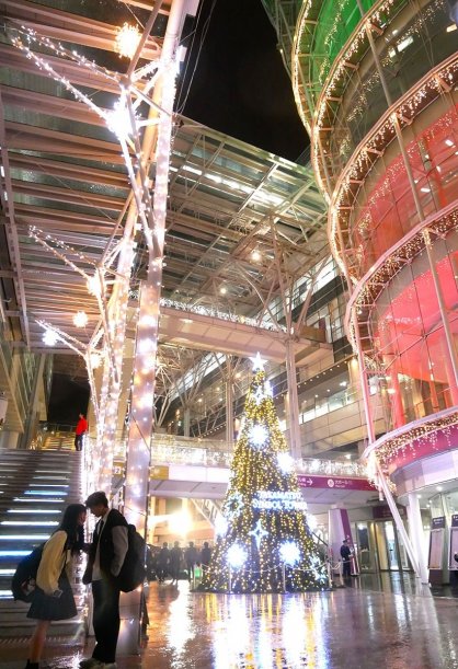 クリスマスツリーとシンボルタワー周辺を彩るイルミネーション＝高松市サンポート