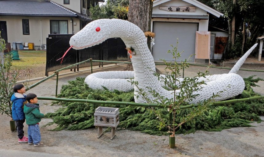 氏子らが手がけた巨大な白ヘビの干支飾り＝香川県仲多度郡まんのう町吉野、大宮神社