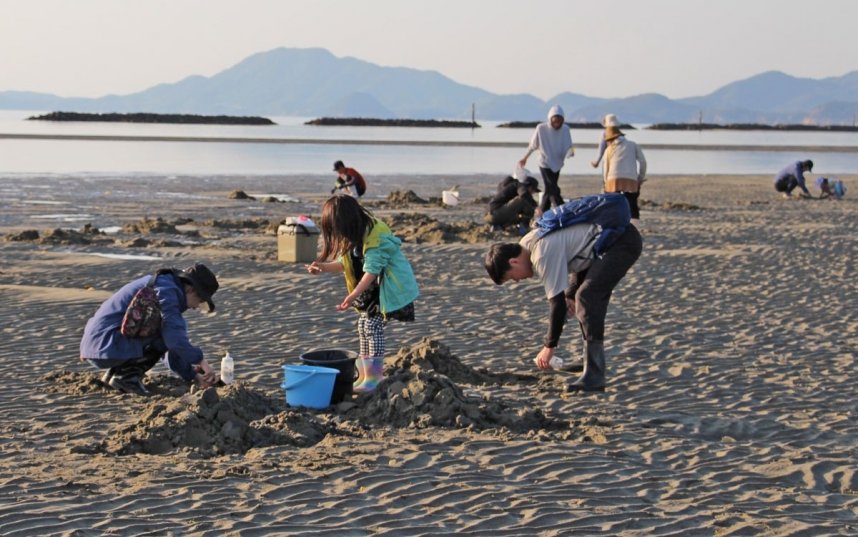 干潟でマテ貝採りを楽しむ家族連れら＝香川県観音寺市有明町、有明浜
