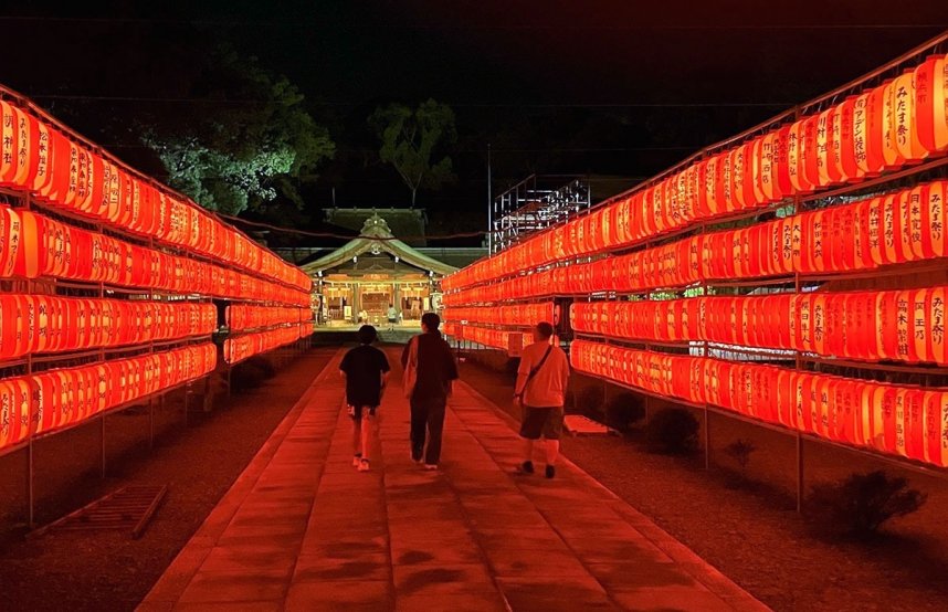 試験点灯で幻想的な明かりをともしたちょうちん＝香川県善通寺市文京町、讃岐宮県護国神社