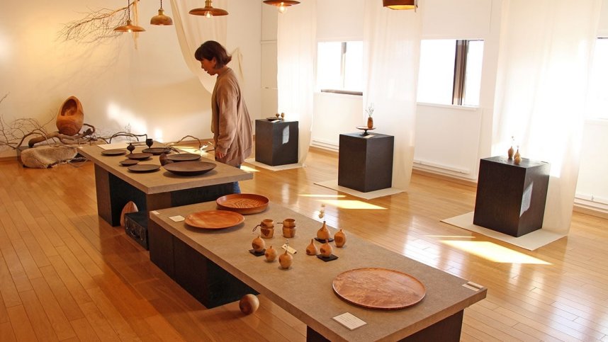 さまざまな木材を使った木工作品が並んでいる＝香川県高松市庵治町、歯ＡＲＴ美術館