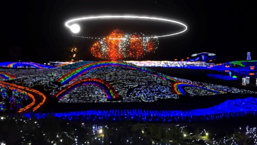 スマホアプリの画面内で、イルミネーションの上空に出現するカクレクマノミ