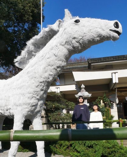 境内に登場した白馬の巨大干支飾り＝香川県仲多度郡まんのう町吉野、大宮神社