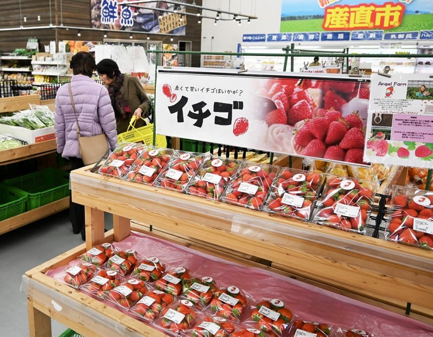 県産イチゴや小松菜、ブロッコリーに加え、他県の店舗網を生かした商品が並ぶ