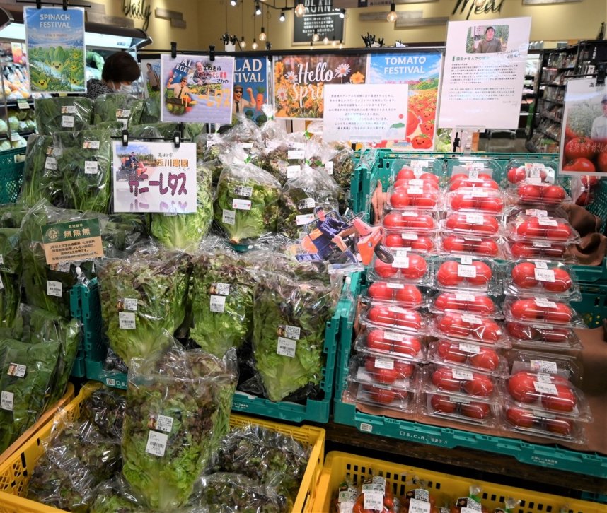 無農薬や減農薬で栽培された季節の野菜や果物がずらりと並んでいる