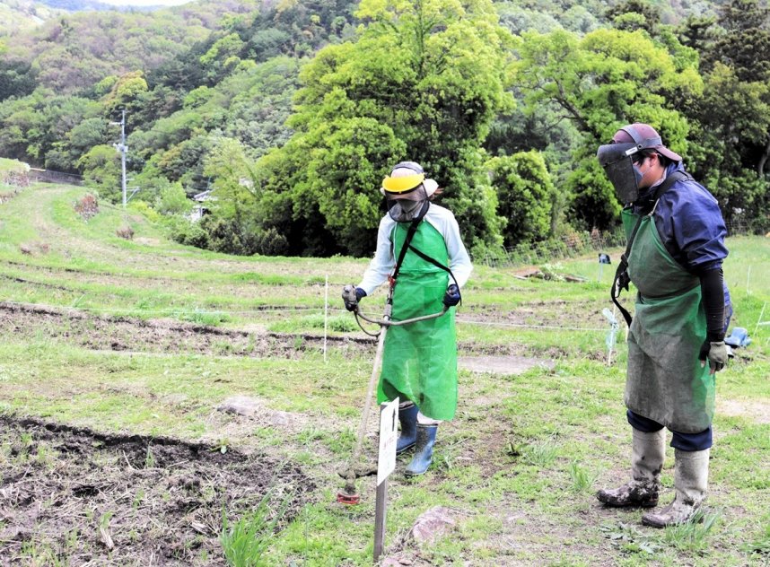 「棚田グリーンワーク」のスタートを前に草刈りを体験する住民（左）と指導する棚田保全員＝香川県小豆郡小豆島町中山