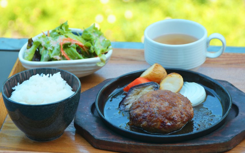 軟らかい食感のハンバーグ。県産コシヒカリのご飯や付け合わせの野菜が最高のお供だ