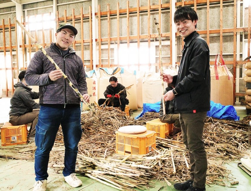 砂川さん（左）の案内でサトウキビの生産現場を訪れた池さん＝香川県東かがわ市白鳥